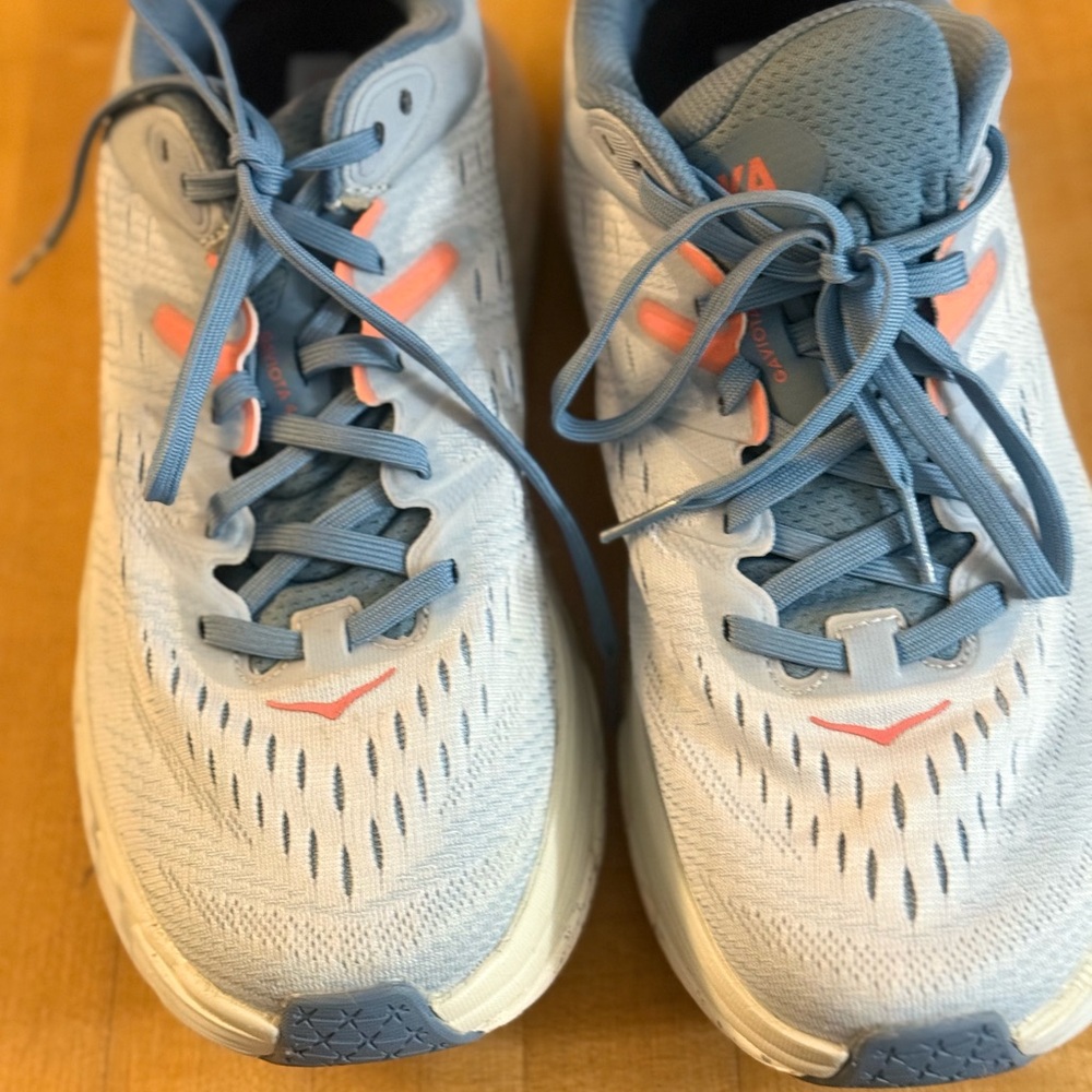 Hoka Light Blue and Coral Athletic Shoes